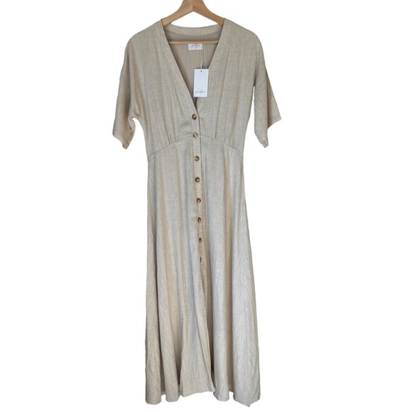 Girl InThe Sun New Neutral Button Front Linen Blend Lined Maxi Deep V Neck Dress - Picture 1 of 16